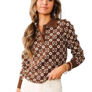 WILLOW & ROOT Floral Checkered Henley Retro Vibes Collar Knit Fitted Sweater